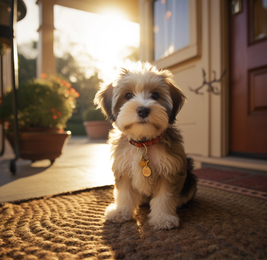 beautiful picture of a small havanese puppy sitting by the front door with a scenic front porch and sun shining