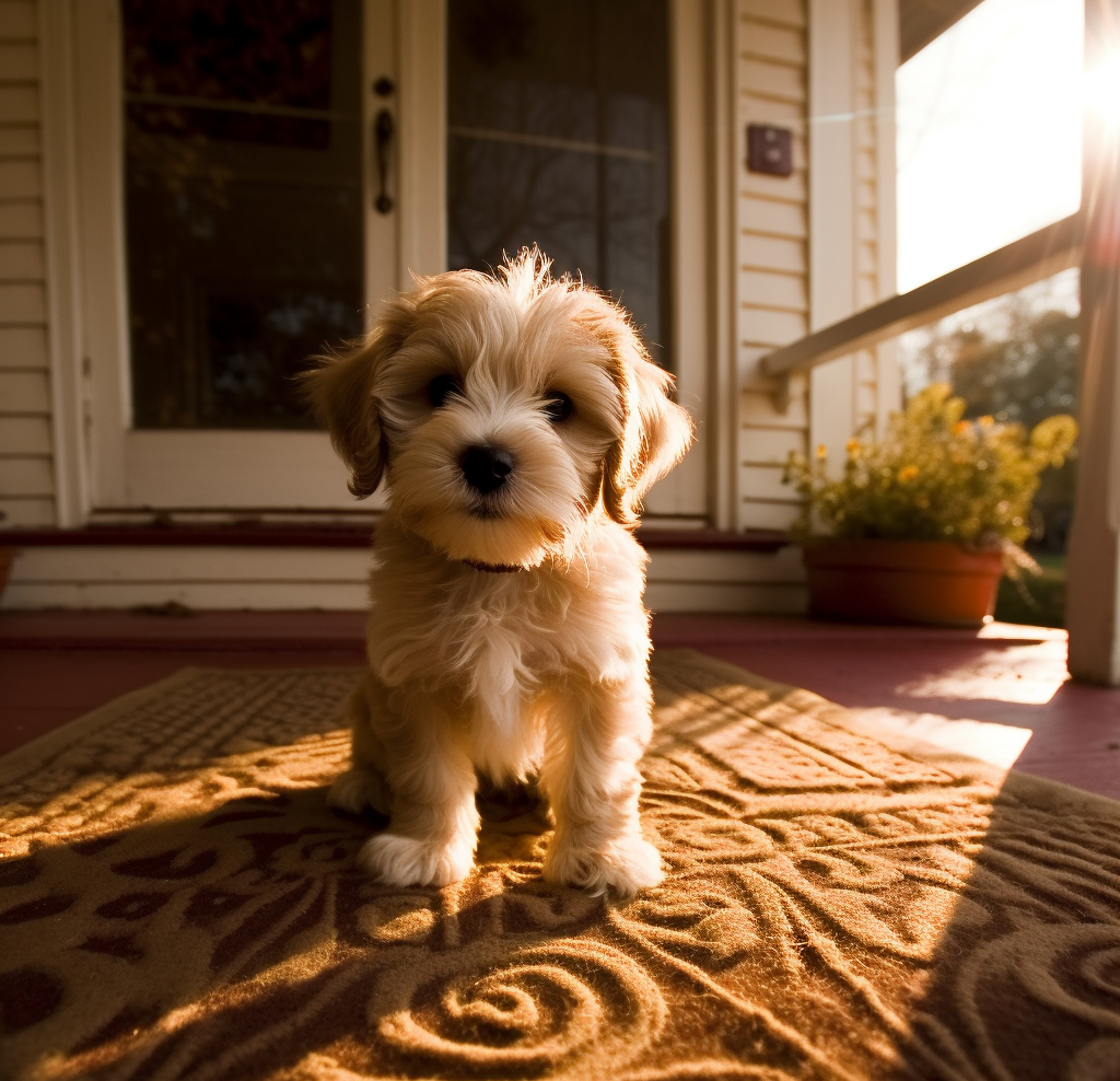 cute picture of a Havanese puppy standing on a rug in the front porch with sun shining
