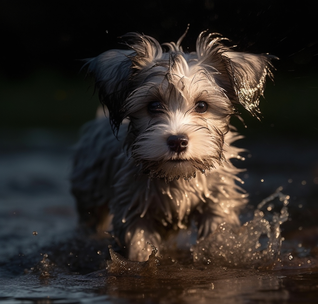 funny image of a havanese puppy splashing through water, soaking wet