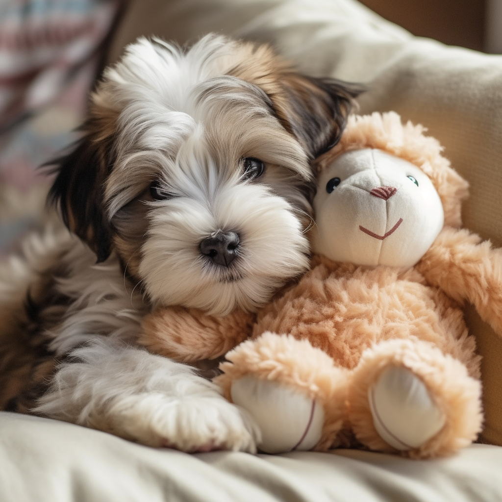 adorable Havanese puppy snuggling with a stuffed animal