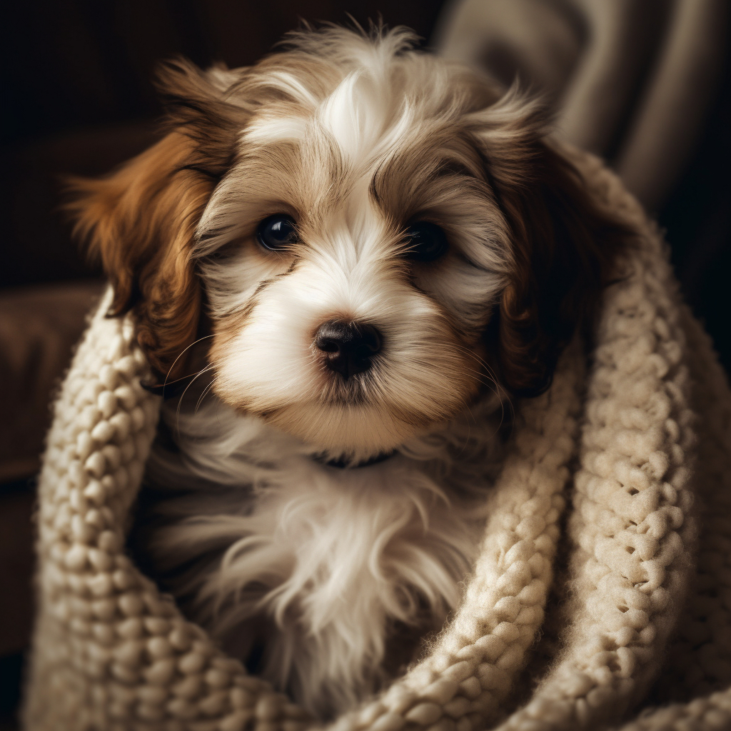cute havanese puppy dog wrapped in a blanket and looking adorable for the camera