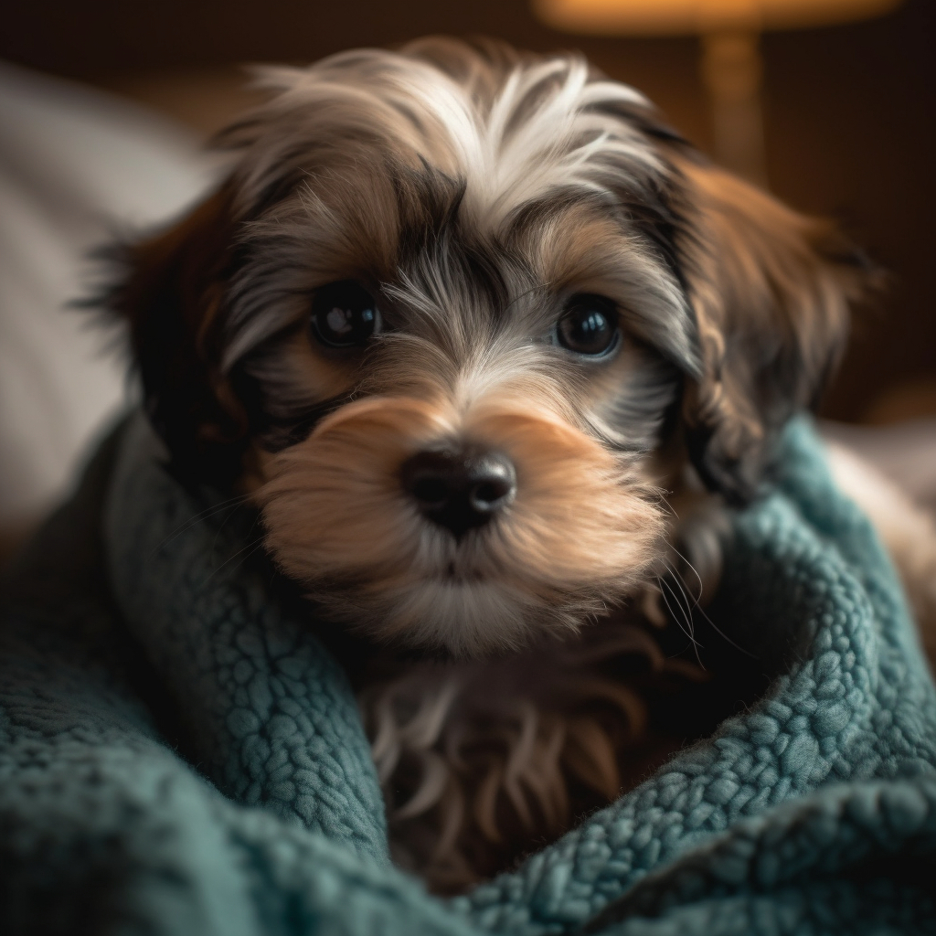 cute Havanese pup wrapped in a green blanket