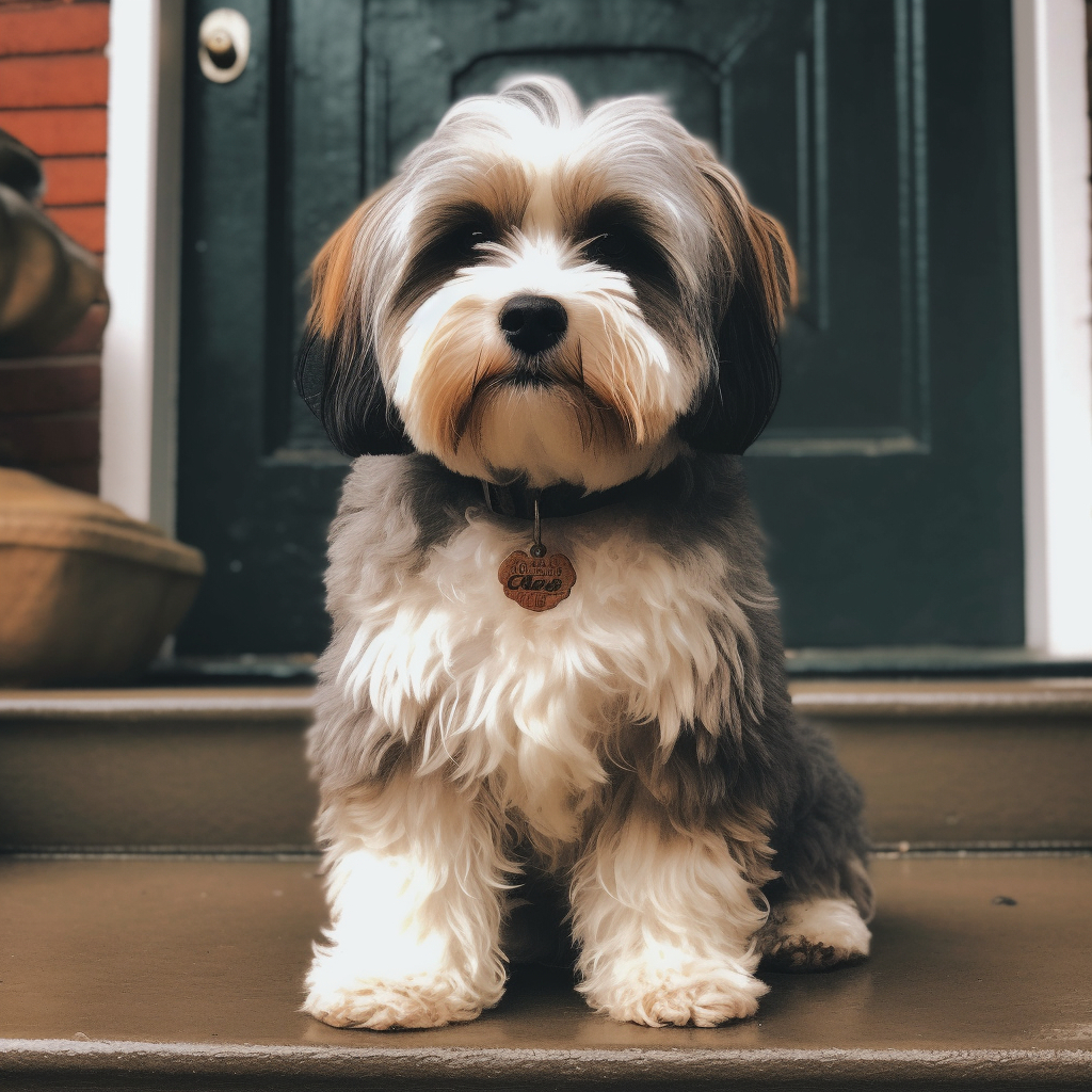 Havanese dog sitting on a step outside the front door of a house