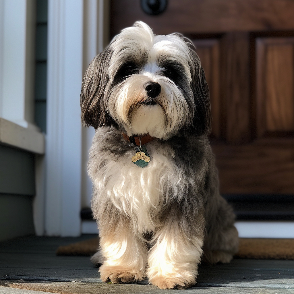 charming Havanese dog sitting by the front door of a house