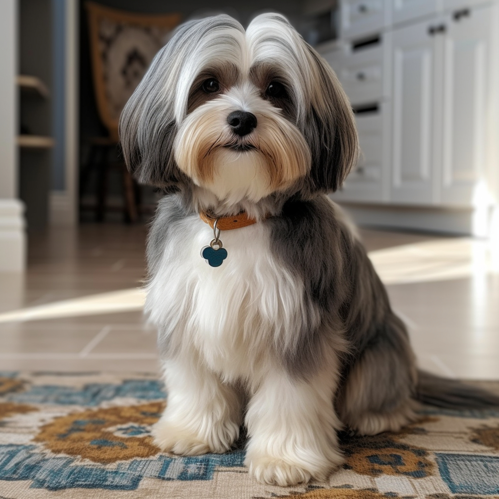 an older havanese dog sitting in a charming pose for the camera in the kitchen