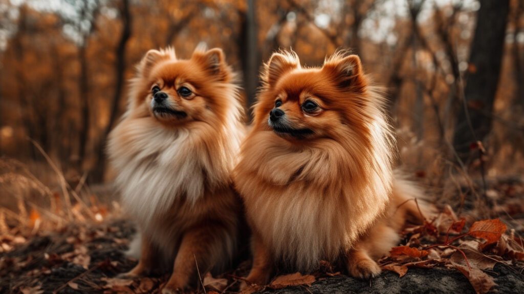 beautiful photo of two Pomeranian dogs sitting in the woods with fall leaves and orange and brown colors