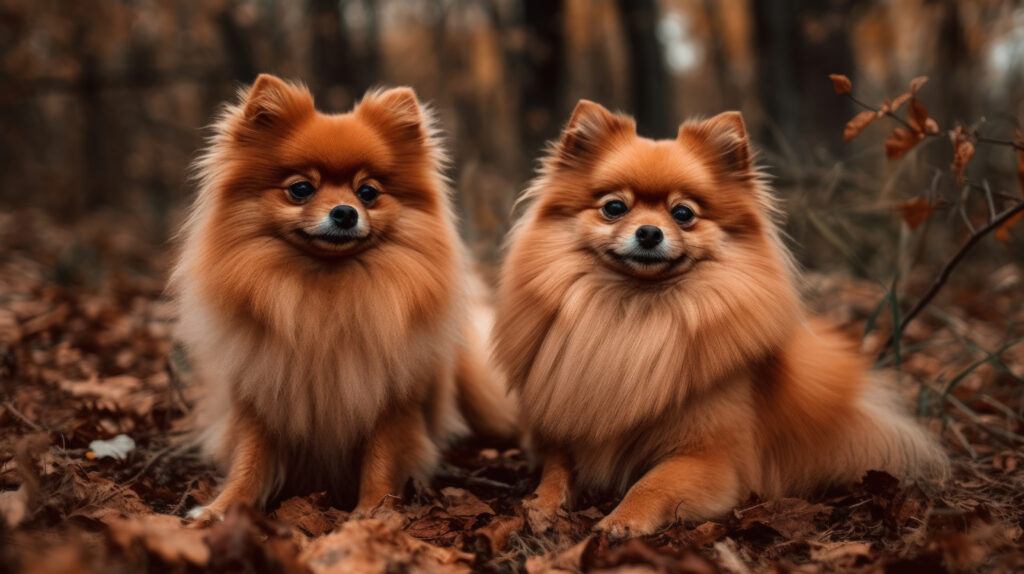 picture of 2 pomeranians posing in the fall leaves in a 4k hd wallpaper image