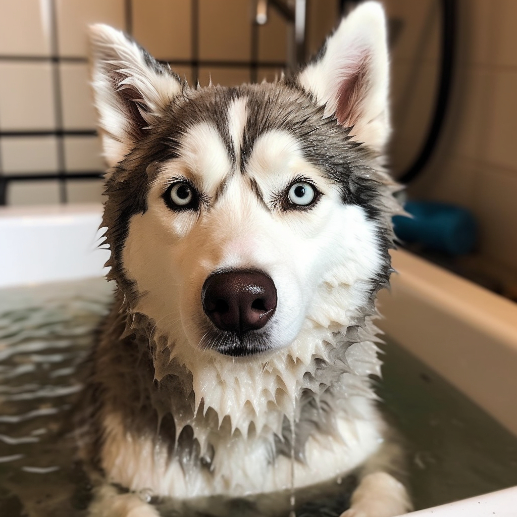 husky getting a bath