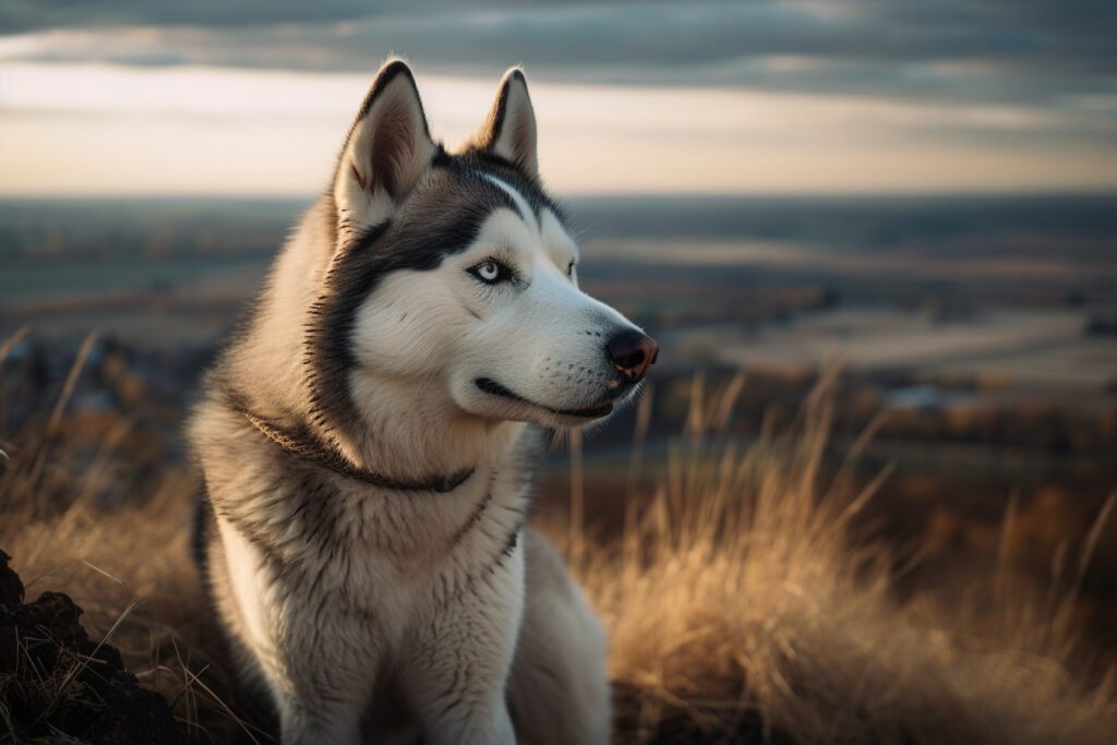 beautiful siberian husky image sitting down on top of a scenic hill with tall grass