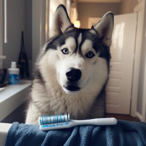 husky grooming with regular brushing of fur and teeth
