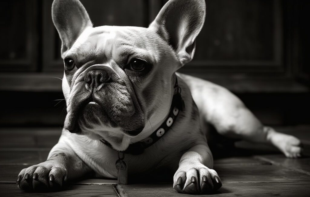 a black and white timeless photo of a french bulldog