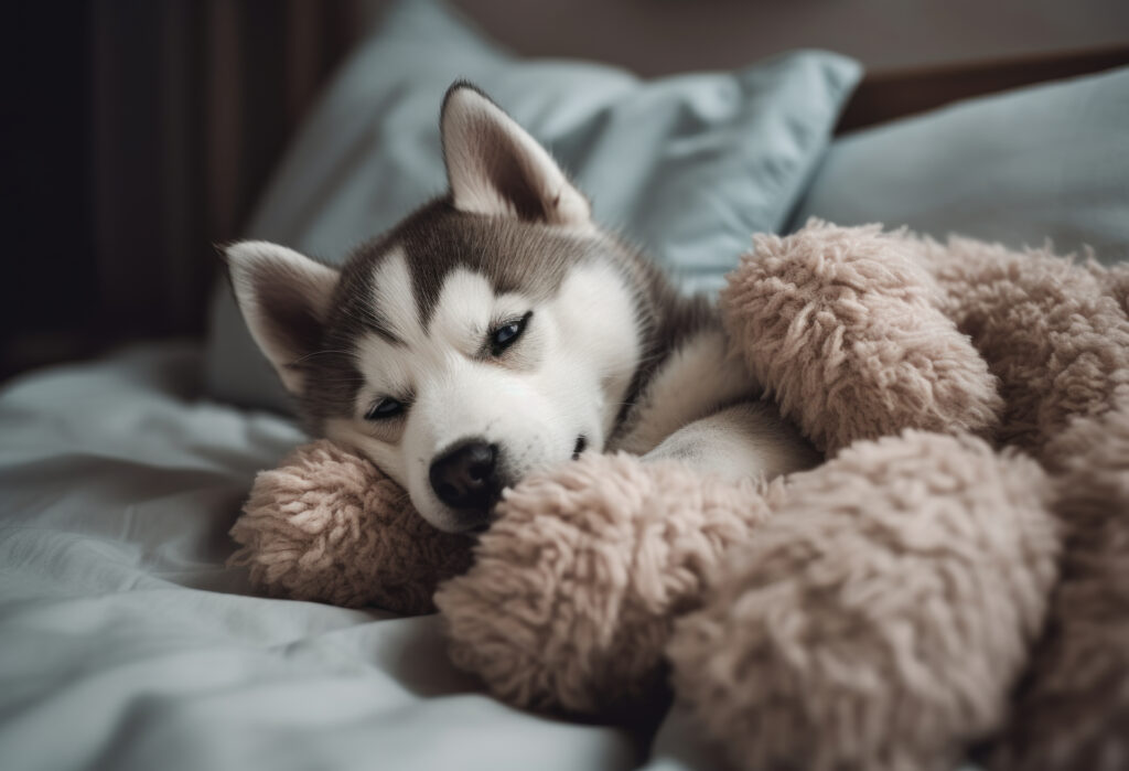 adorable husky puppy picture snuggled up with a stuffed animal on the bed