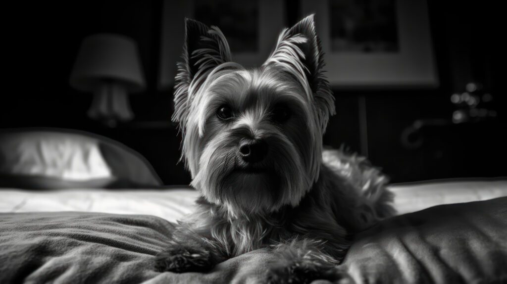 high resolution picture of a Yorkie laying on a bed in black and white