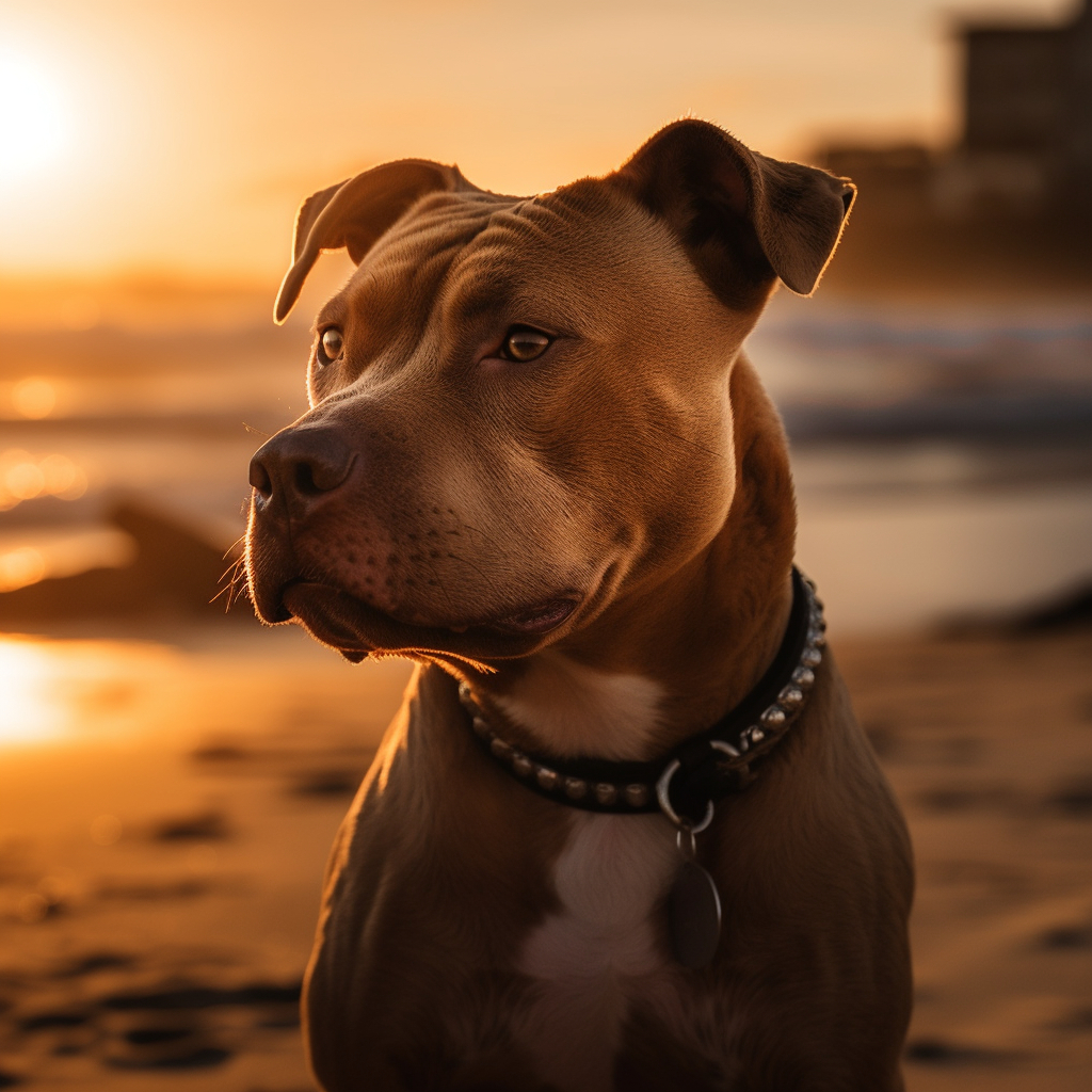 scenic picture of the pitbull dog breed on a beach with a sunset in the background