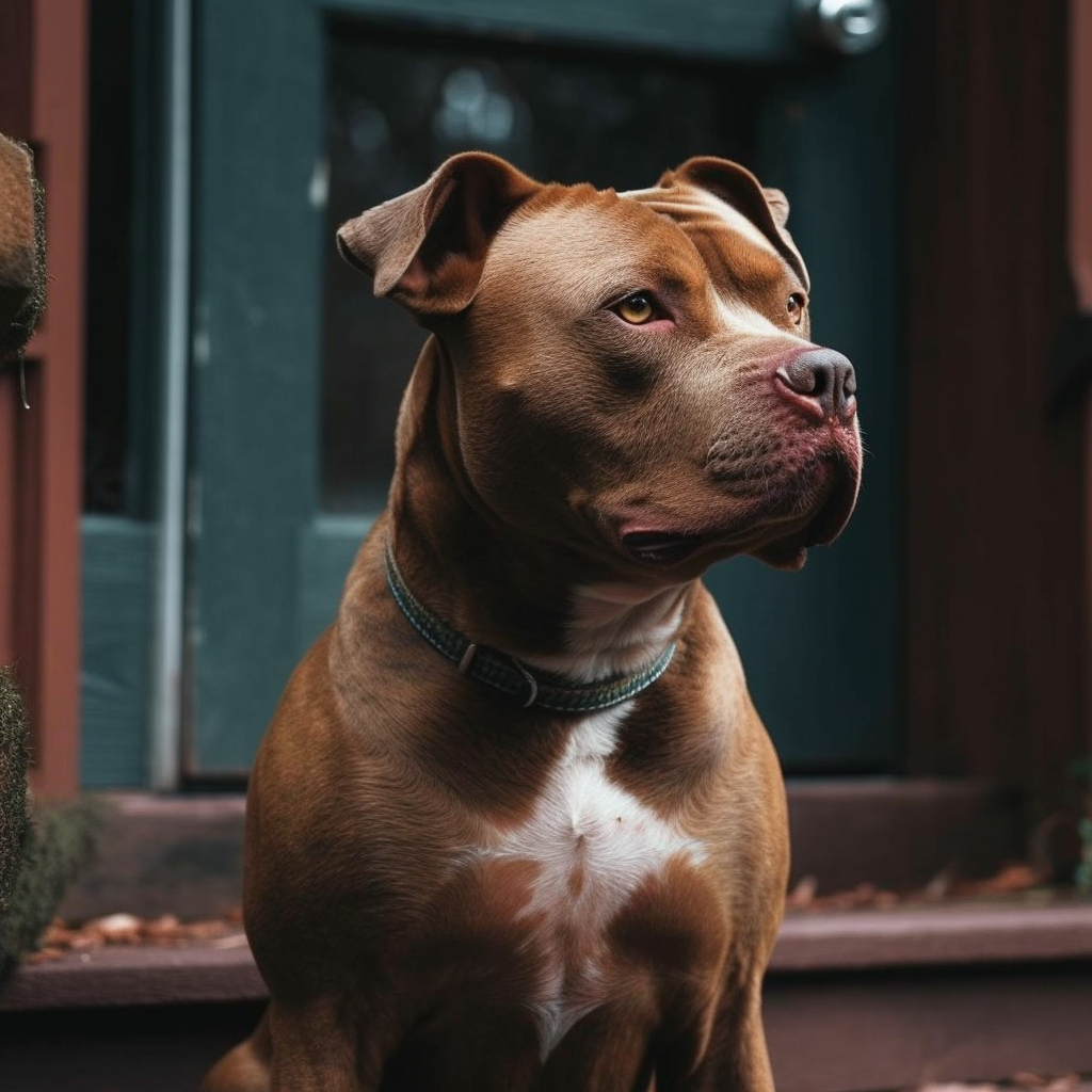 pitbull dog image sitting down in front of a house by the door