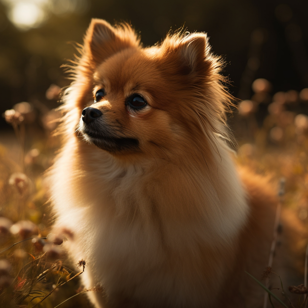 beautiful image of a pomeranian in a grassy field with sun shining on its fur