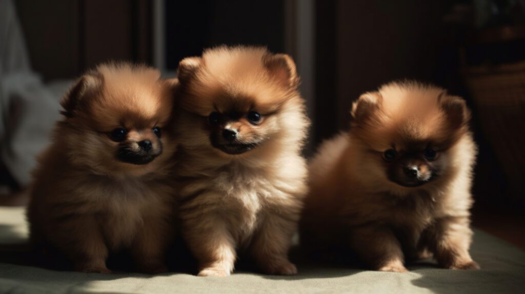 three pomeranian puppies playing on a bed