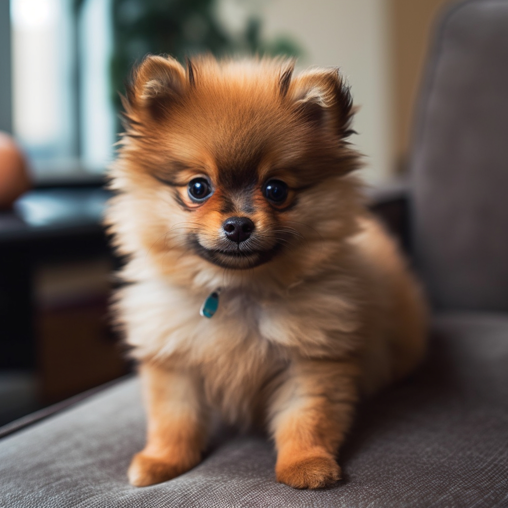 toy breed pomeranian puppy sitting on a sofa chair