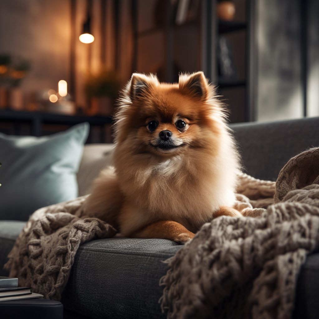 cute Pomeranian dog laying on the couch