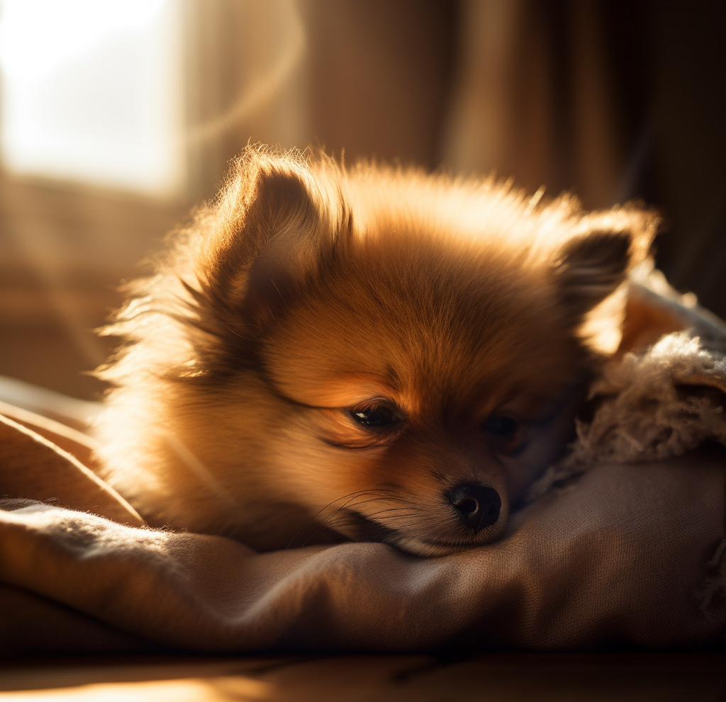 cute pomeranian dog napping on the bed