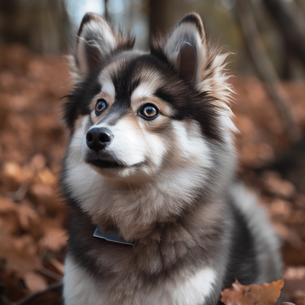 A pomsky posing in the woods