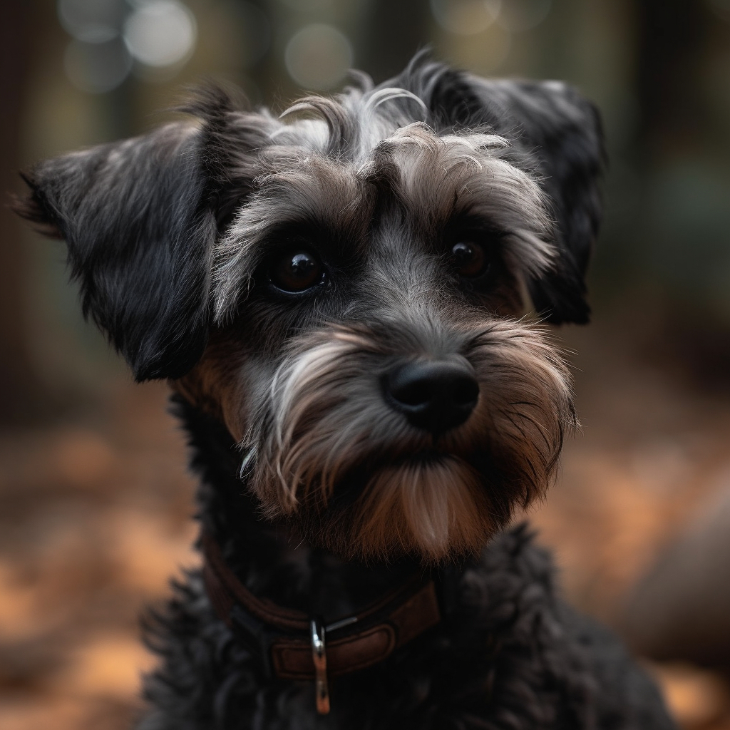 schnoodle dog posing in the woods