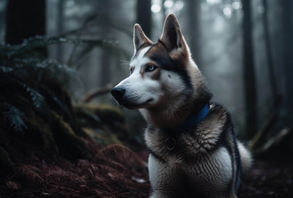 husky wallpaper in the woods with a atmospheric effect