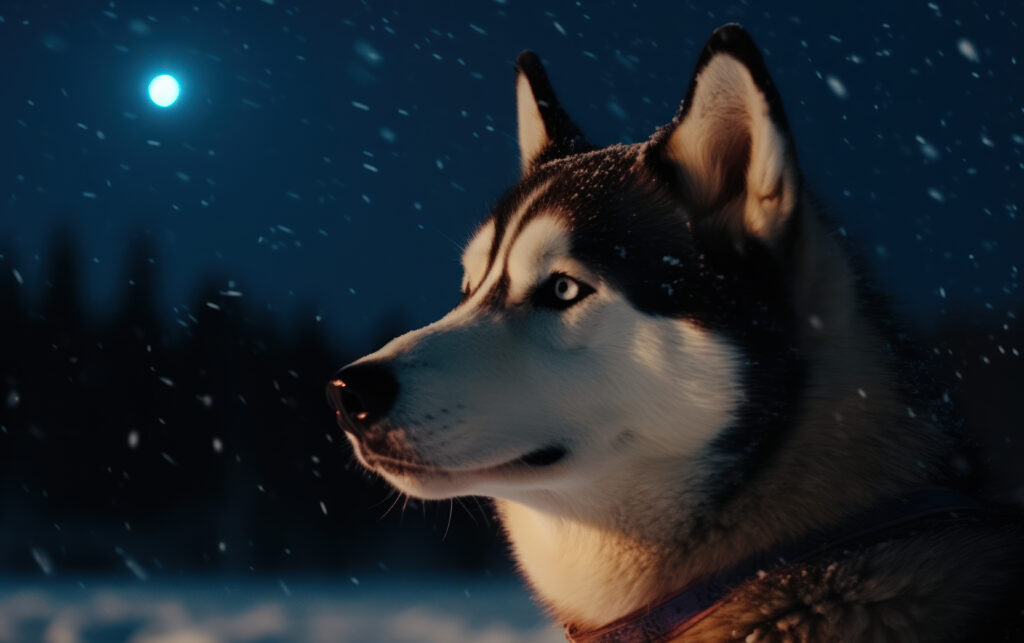 4k high definition husky wallpaper with a midnight sky and snow coming down