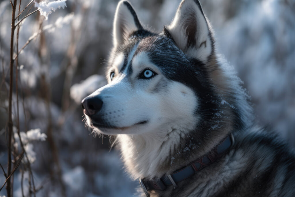 beautiful blue eyed husky background in the snow wilderness