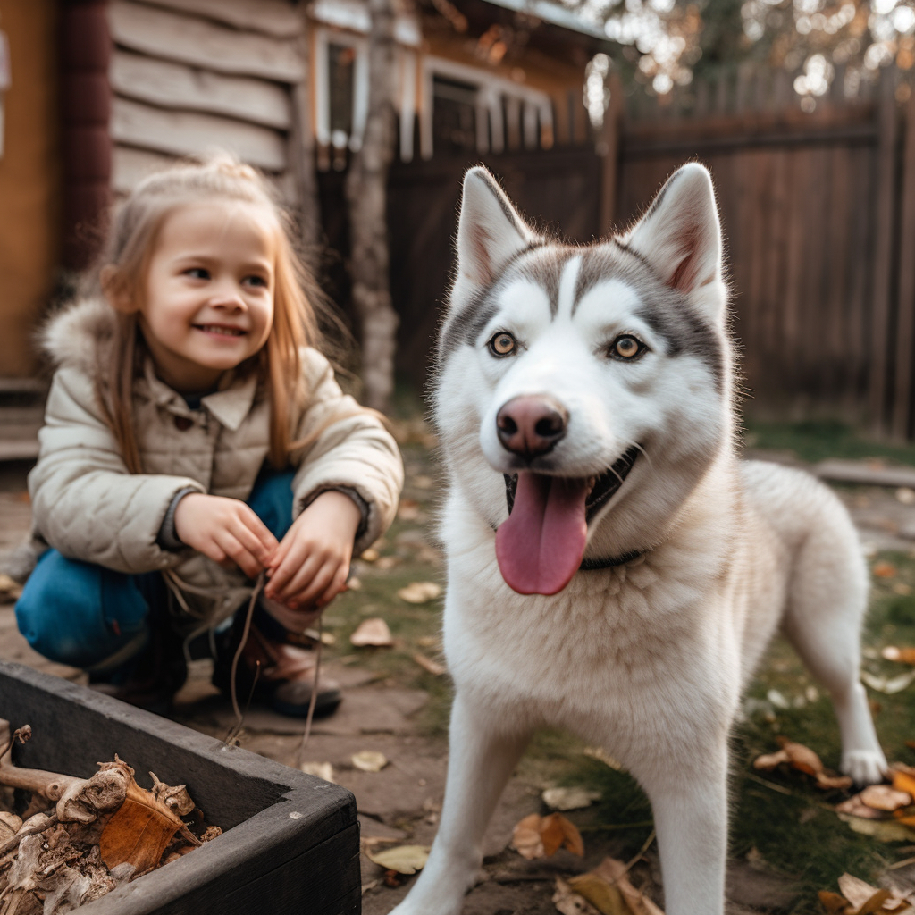 Husky playing with a child