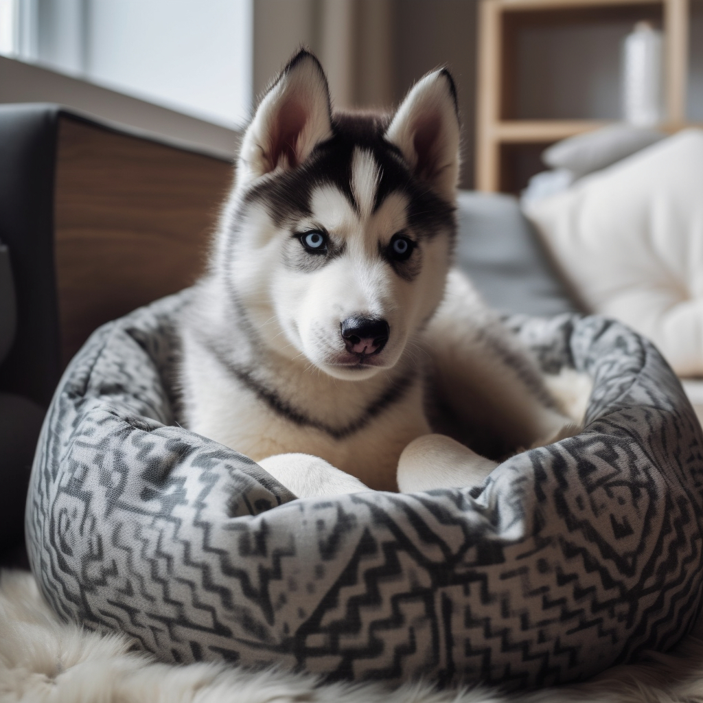 a husky pup laying in his plush dog bed