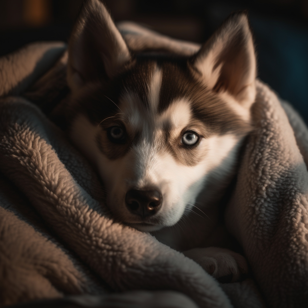 a husky puppy wrapped up in a cozy blanket