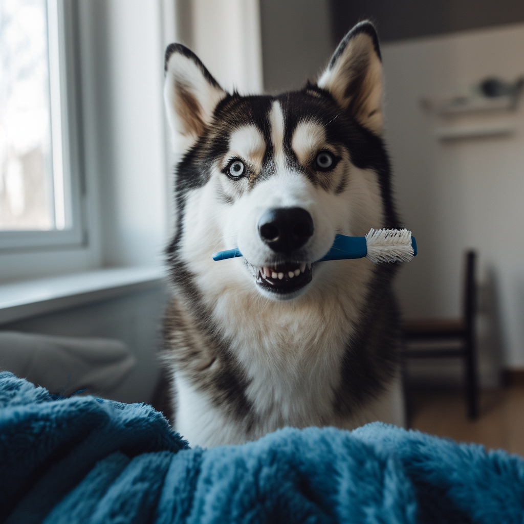 Siberian Husky dog with a toothbrush