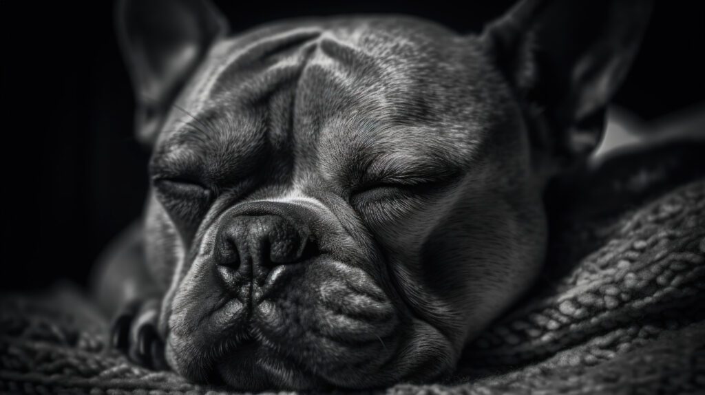 cute 4k wallpaper image of a french bulldog sleeping on a blanket in black and white