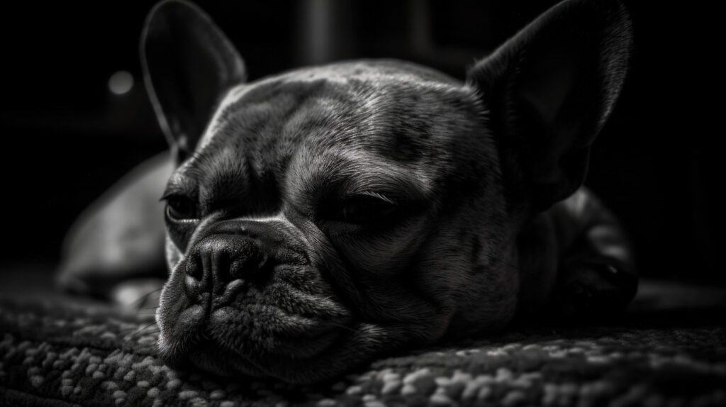 black and white photo of a small french bulldog laying on a bed