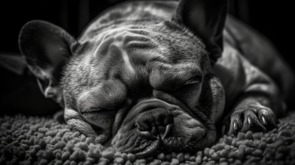 a 4k hd background image of a black and white frenchie sleeping on a blanket