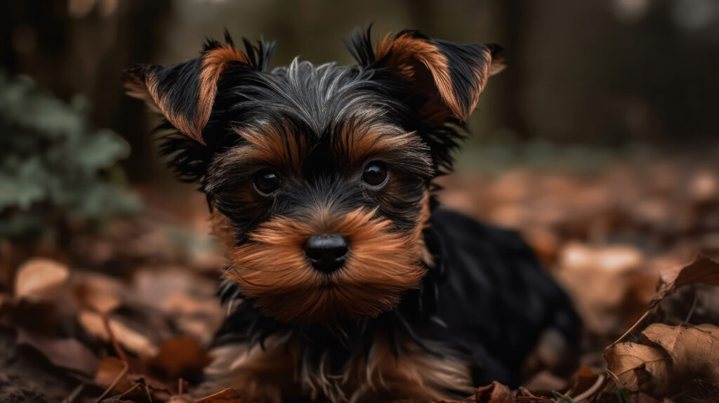 hd image of a Yorkshire Terrier in the woods with leaves