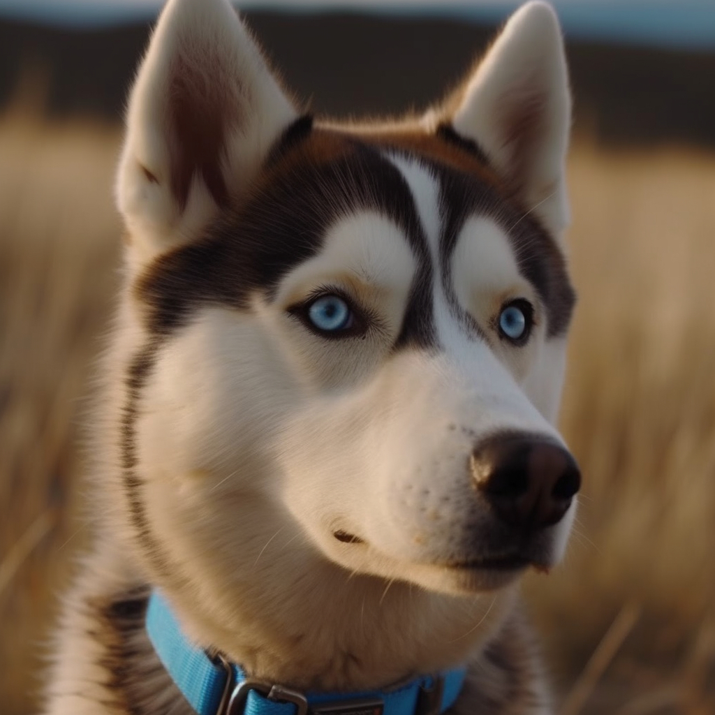 image of a blue eyed husky closeup with a field of grass in the background