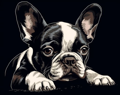drawing of a french bulldog up close with black background