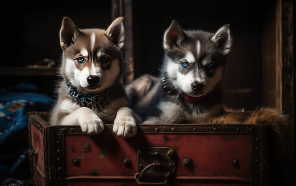 cute husky puppies playing in a box