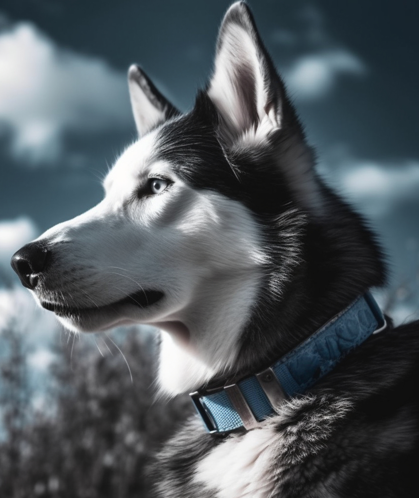 stunning picture art of a Siberian Husky dog with a blue collar with blue tones in the image