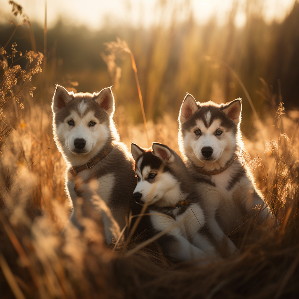 Cute puppies - image of 3 husky pups in a tall grassy field