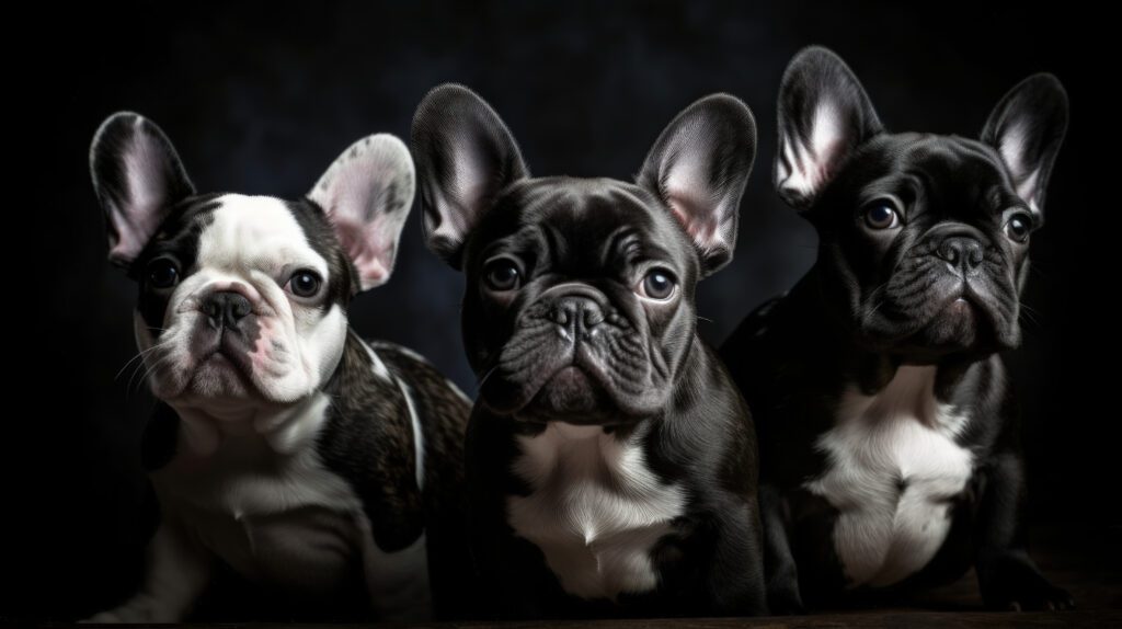 3 black french bulldog puppies posing for a portrait photo