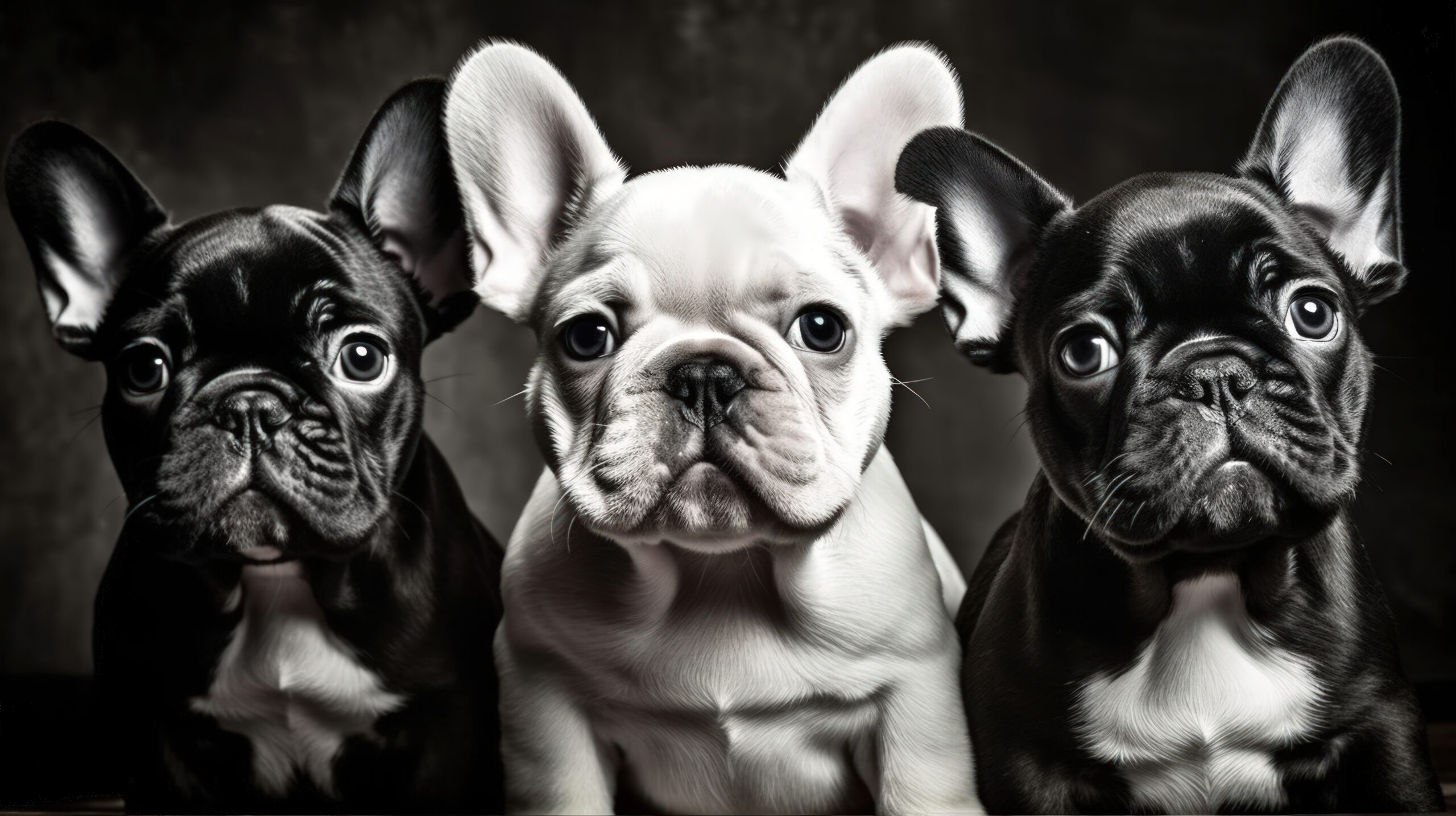 three french bulldog puppies posing for a portrait photo