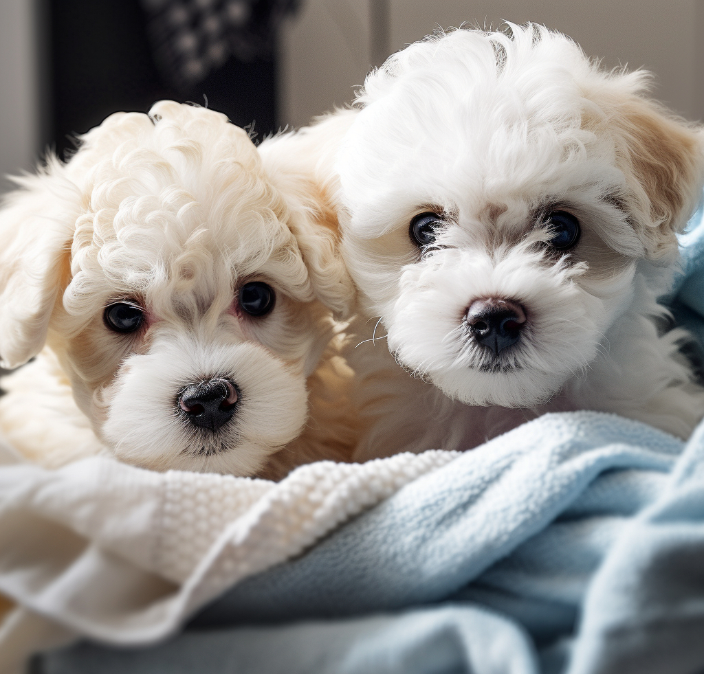 Cute puppies in an image of them snuggled up on the bed together