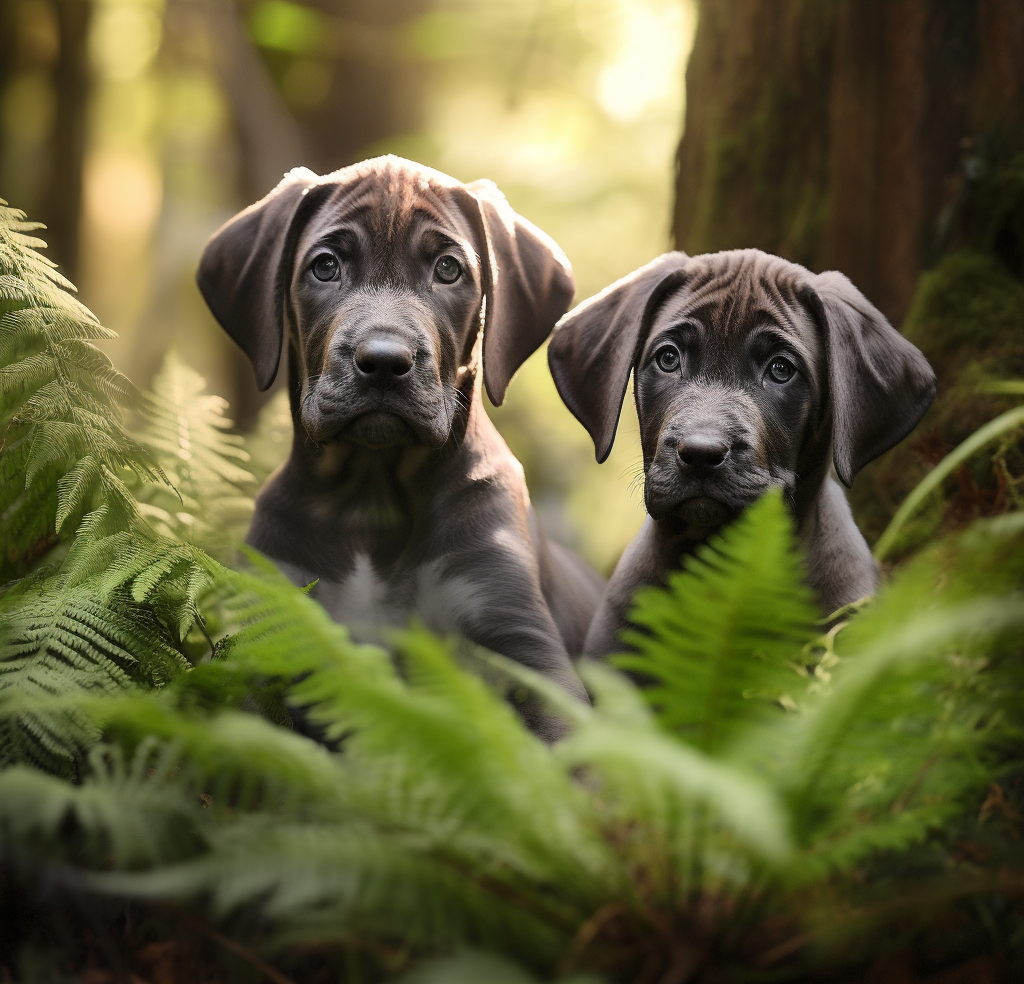 great dane puppies posing for a picture in the woods