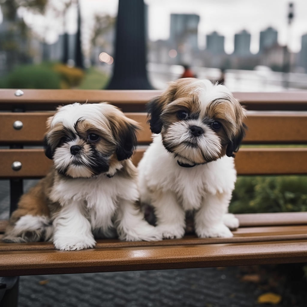 cute puppies posing on a park bench