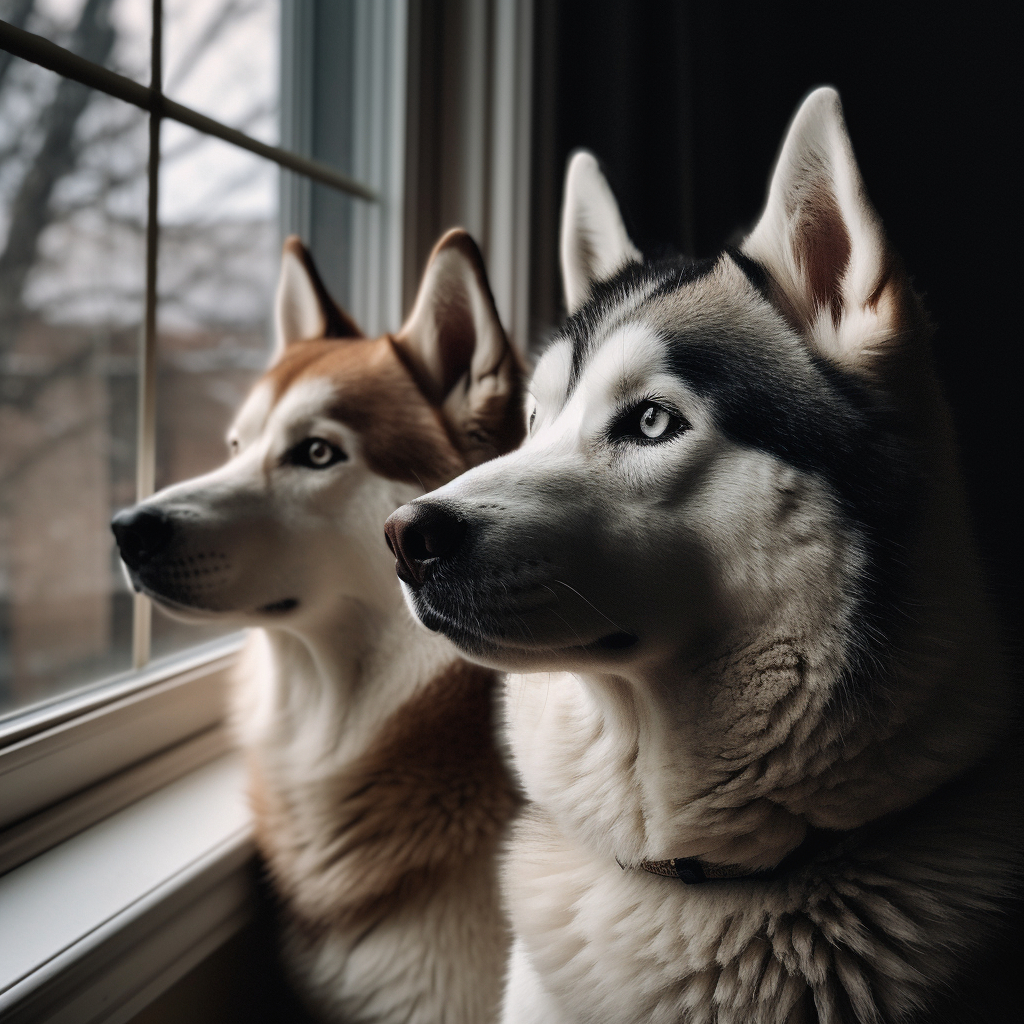 two siberian husky dogs looking out the window