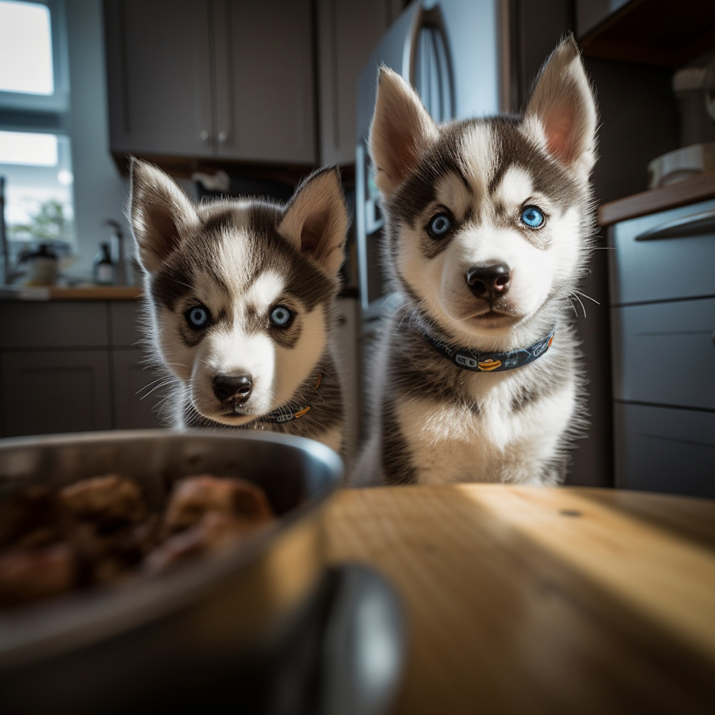 two blue eyed siberian husky puppies looking intently at their food bowl