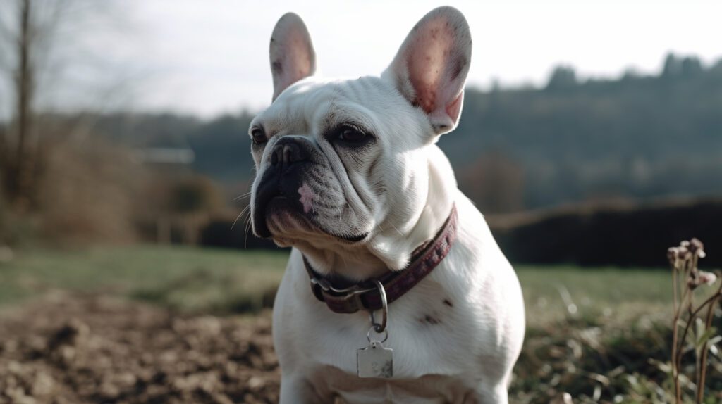 stunning photo of a white french bulldog sitting in the yard with a blurred backdrop and a timeless wash